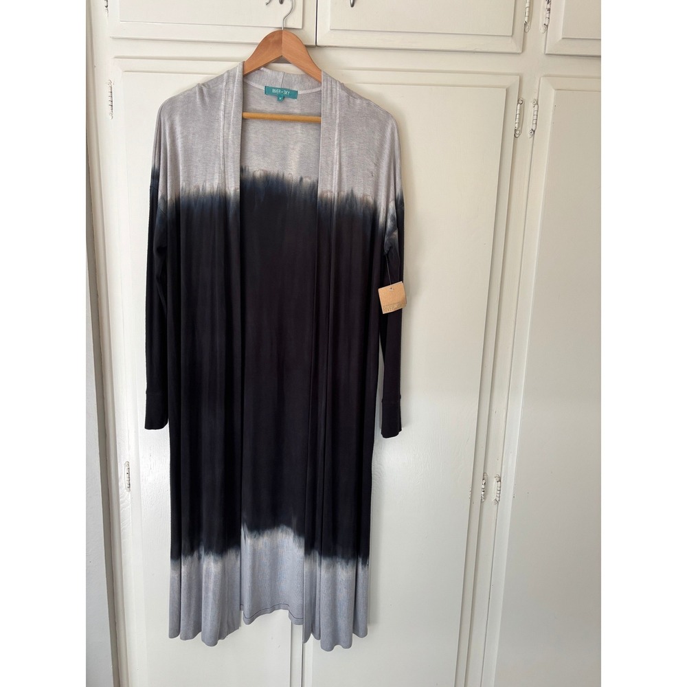River + Sky Womens Gray Black Dip Dye Ombre Longline Open Front Cardigan M NEW